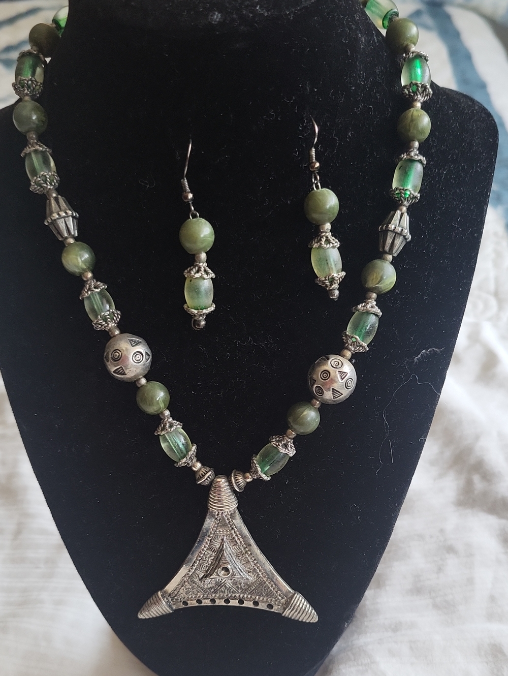 Handmade Green Bead Necklace with Tribal Silver Pendant - Women Jewelry